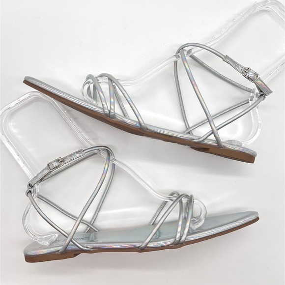 CAPE ROBBIN Shoes Womens 9 Silver Bibi Holographic Ankle Strap Flat Point Sandal - Picture 5 of 10